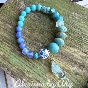 Aquamarine turquoise untreated topaz charm beaded bracelet